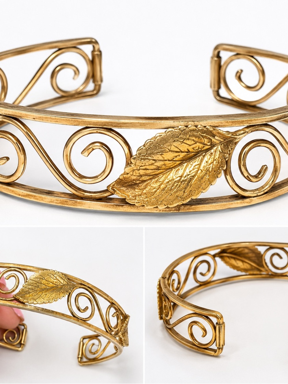 Vintage Style Gold Tone Leaf Scroll Open Cuff Bracelet Boho Botanical